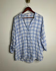 Isaac Mizrahi 100% Linen Blue White Gingham Checkered Button Down Tunic Top
