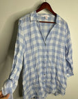 Isaac Mizrahi 100% Linen Blue White Gingham Checkered Button Down Tunic Top