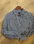Talbots 100% Linen Blue White Checkered Gingham Button Down Collared Top