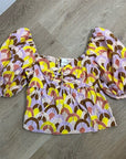 Cara Cara 100% Cotton Purple Yellow Puff Sleeve Short Sleeve Blouse