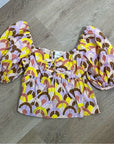 Cara Cara 100% Cotton Purple Yellow Puff Sleeve Short Sleeve Blouse