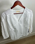Nation LA 100% Pima Cotton White V- Neck Crochet Sleeve Blouse Top