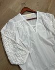 Nation LA 100% Pima Cotton White V- Neck Crochet Sleeve Blouse Top