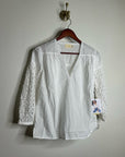Nation LA 100% Pima Cotton White V- Neck Crochet Sleeve Blouse Top