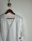 Nation LA 100% Pima Cotton White V- Neck Crochet Sleeve Blouse Top