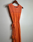 Ex - Voto 100% Cotton Coral Rose Embroidered Floral Midi Dress Tie Waist