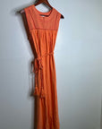 Ex - Voto 100% Cotton Coral Rose Embroidered Floral Midi Dress Tie Waist
