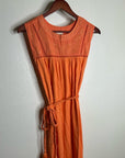 Ex - Voto 100% Cotton Coral Rose Embroidered Floral Midi Dress Tie Waist