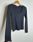 AMO 100% Pima Cotton Square Neck Pointelle Cropped Black Long Sleeve Top