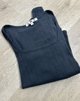 AMO 100% Pima Cotton Square Neck Pointelle Cropped Black Long Sleeve Top