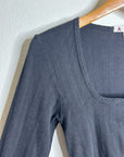 AMO 100% Pima Cotton Square Neck Pointelle Cropped Black Long Sleeve Top
