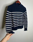 J. Crew 100% Cotton Navy Blue White Striped Turtleneck Knit Sweater
