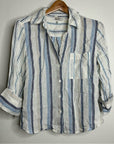 Madewell 100% Linen Striped Blue White Button Down 3/4 Sleeve Top
