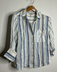 Madewell 100% Linen Striped Blue White Button Down 3/4 Sleeve Top