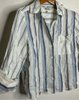 Madewell 100% Linen Striped Blue White Button Down 3/4 Sleeve Top