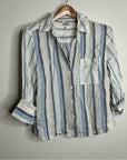 Madewell 100% Linen Striped Blue White Button Down 3/4 Sleeve Top