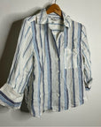 Madewell 100% Linen Striped Blue White Button Down 3/4 Sleeve Top