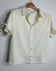 AMO 100% Cotton Cream Textured Short Sleeve Button Down Blouse Top