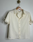 AMO 100% Cotton Cream Textured Short Sleeve Button Down Blouse Top
