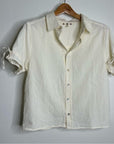 AMO 100% Cotton Cream Textured Short Sleeve Button Down Blouse Top