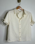 AMO 100% Cotton Cream Textured Short Sleeve Button Down Blouse Top
