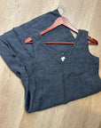 FLAX 100% Linen V - Neck Tank Shift Dress Navy Blue Button Detail
