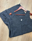 FLAX 100% Linen V - Neck Tank Shift Dress Navy Blue Button Detail