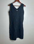 FLAX 100% Linen V - Neck Tank Shift Dress Navy Blue Button Detail