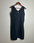 FLAX 100% Linen V - Neck Tank Shift Dress Navy Blue Button Detail