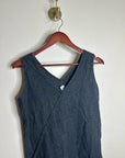 FLAX 100% Linen V - Neck Tank Shift Dress Navy Blue Button Detail