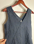 FLAX 100% Linen V - Neck Tank Shift Dress Navy Blue Button Detail