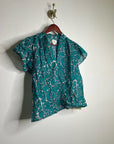 Trovata 100% Cotton Teal Floral Short Flutter Sleeve Clover Blouse