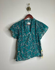 Trovata 100% Cotton Teal Floral Short Flutter Sleeve Clover Blouse
