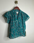 Trovata 100% Cotton Teal Floral Short Flutter Sleeve Clover Blouse