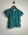Trovata 100% Cotton Teal Floral Short Flutter Sleeve Clover Blouse