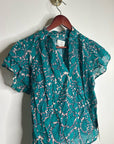Trovata 100% Cotton Teal Floral Short Flutter Sleeve Clover Blouse