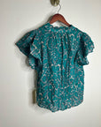 Trovata 100% Cotton Teal Floral Short Flutter Sleeve Clover Blouse