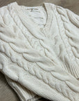 FRAME 100% Merino Wool Cream Thick V - Neck Cable Knit Cropped Sweater