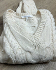 FRAME 100% Merino Wool Cream Thick V - Neck Cable Knit Cropped Sweater