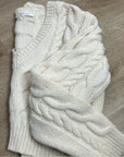 FRAME 100% Merino Wool Cream Thick V - Neck Cable Knit Cropped Sweater