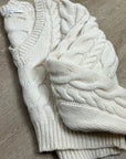 FRAME 100% Merino Wool Cream Thick V - Neck Cable Knit Cropped Sweater