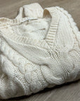 FRAME 100% Merino Wool Cream Thick V - Neck Cable Knit Cropped Sweater