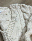 FRAME 100% Merino Wool Cream Thick V - Neck Cable Knit Cropped Sweater