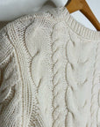 FRAME 100% Merino Wool Cream Thick V - Neck Cable Knit Cropped Sweater