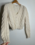 FRAME 100% Merino Wool Cream Thick V - Neck Cable Knit Cropped Sweater