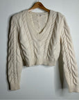 FRAME 100% Merino Wool Cream Thick V - Neck Cable Knit Cropped Sweater