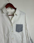 Trovata 100% Cotton White Two Tone Button Down Tulip Sleeve Ruffle Hem Top