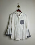 Trovata 100% Cotton White Two Tone Button Down Tulip Sleeve Ruffle Hem Top