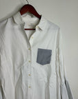 Trovata 100% Cotton White Two Tone Button Down Tulip Sleeve Ruffle Hem Top
