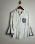 Trovata 100% Cotton White Two Tone Button Down Tulip Sleeve Ruffle Hem Top